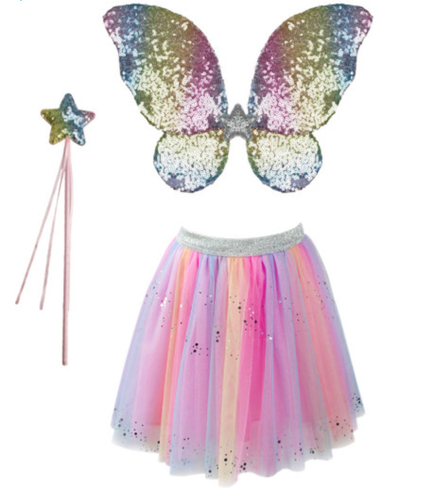 Great Pretenders- Rainbow Sequins Skirt with Wings and Wand size 4-6